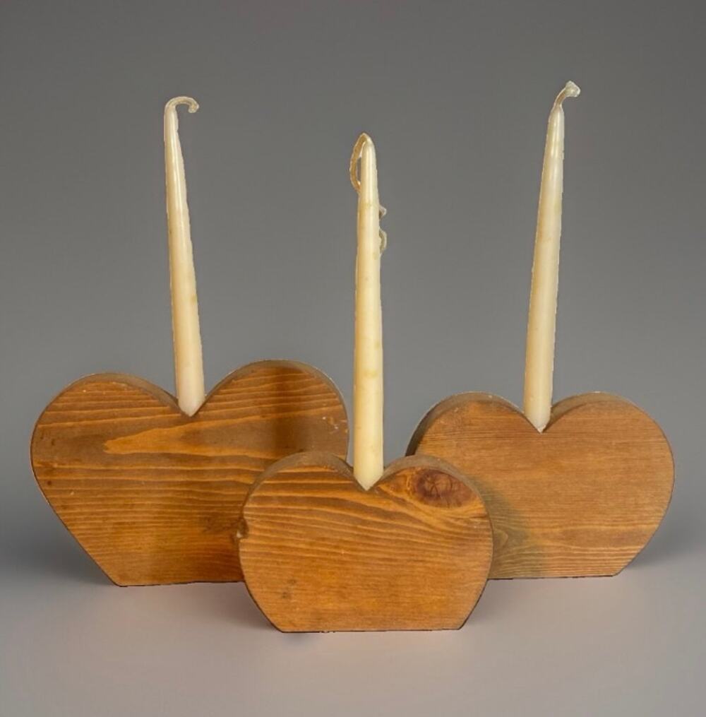 Cottagecore Vintage Wood Heart Taper Candle Holder Set of 3